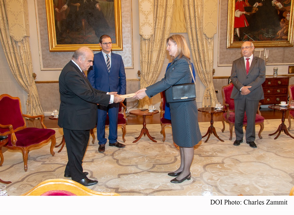 PRESS RELEASE BY THE OFFICE OF THE PRESIDENT  High Commissioner of Australia Jennifer Cartmill presents her Letters of Credence to the President of Malta
