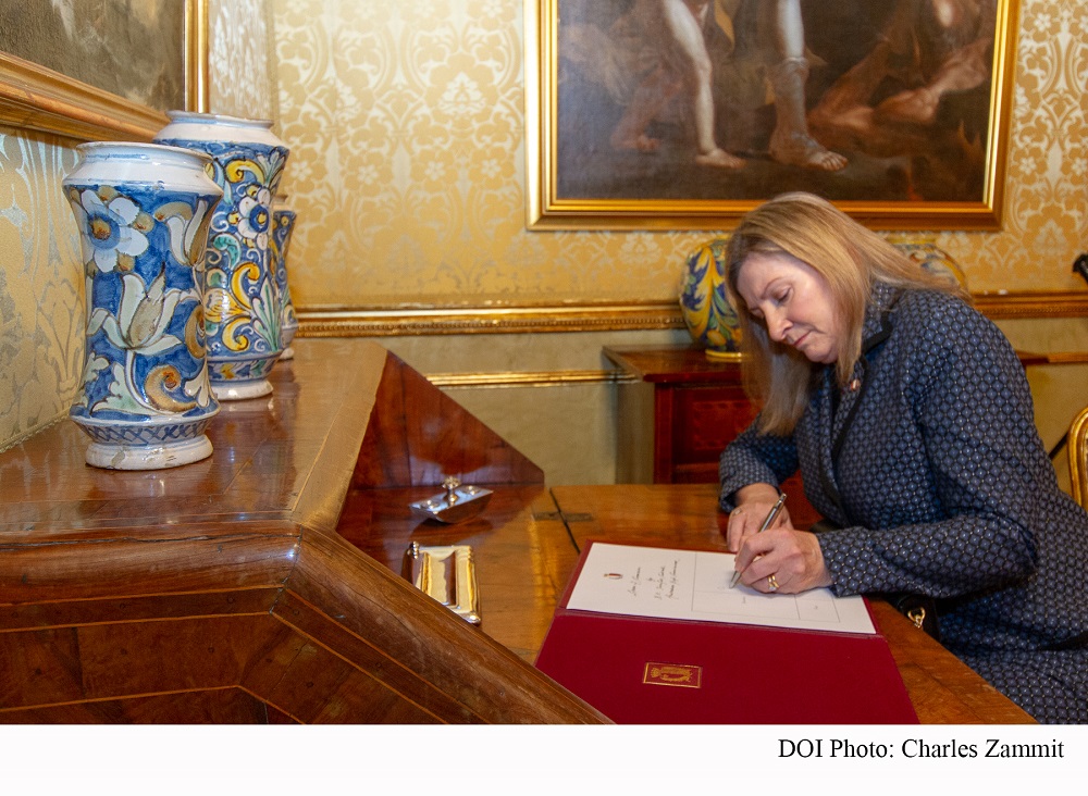 PRESS RELEASE BY THE OFFICE OF THE PRESIDENT  High Commissioner of Australia Jennifer Cartmill presents her Letters of Credence to the President of Malta